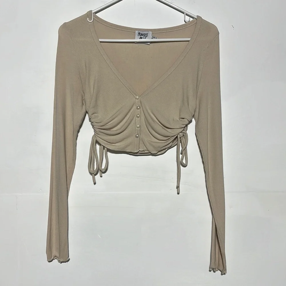 Princess Polly Cream Deep V Button Down Side Ties Stretchy Long Sleeve Crop Top - Picture 2 of 8